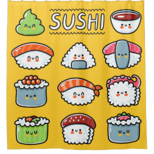 Cute funny happy sushi maki rolls cartoon seamless shower curtain