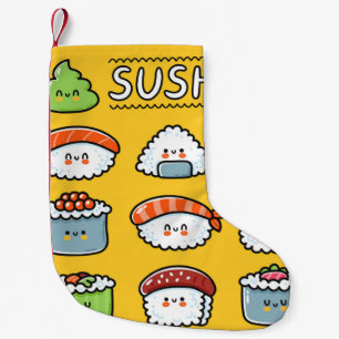 Cute funny happy sushi maki rolls cartoon seamless small christmas stocking