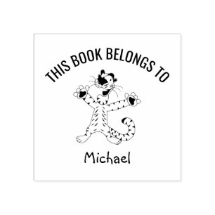 Cute Funny Happy Tiger This Book Belongs to Name Rubber Stamp