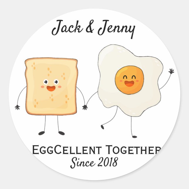 Cute Funny Happy Toast Eggcelent Together     Classic Round Sticker (Front)