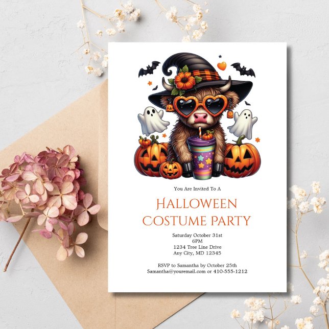 Cute Funny Highland Cow Coffee Halloween Party Invitation (Highland Cow Halloween Party Invitation Cute Funny for Kids or Adults. Digital or Printed. )