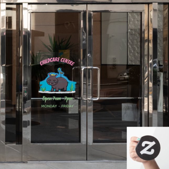 Cute funny hippopotamus with bird cartoon (Office Door)