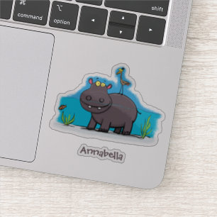 Cute funny hippopotamus with bird cartoon