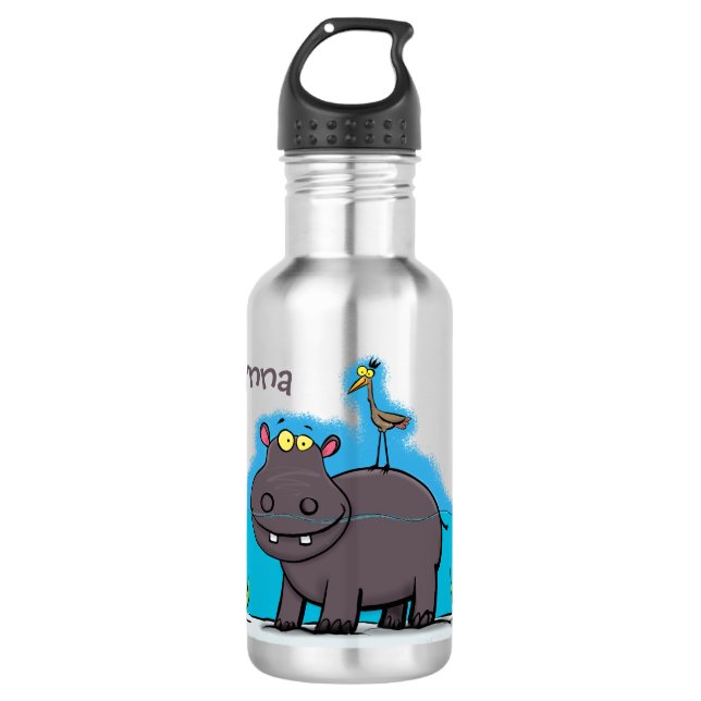 Cute funny hippopotamus with bird cartoon 532 ml water bottle (Front)