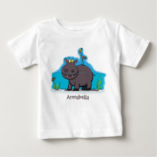 Cute funny hippopotamus with bird cartoon baby T-Shirt