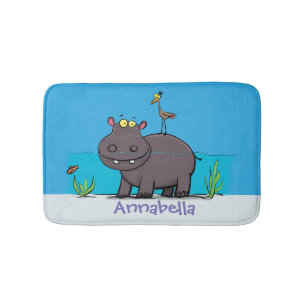 Cute funny hippopotamus with bird cartoon bath mat