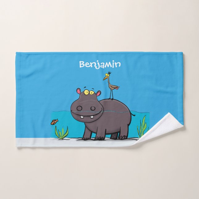 Cute funny hippopotamus with bird cartoon bath towel set (Hand Towel)