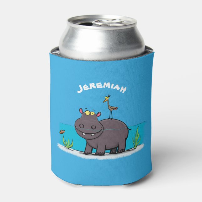 Cute funny hippopotamus with bird cartoon can cooler (Can Front)