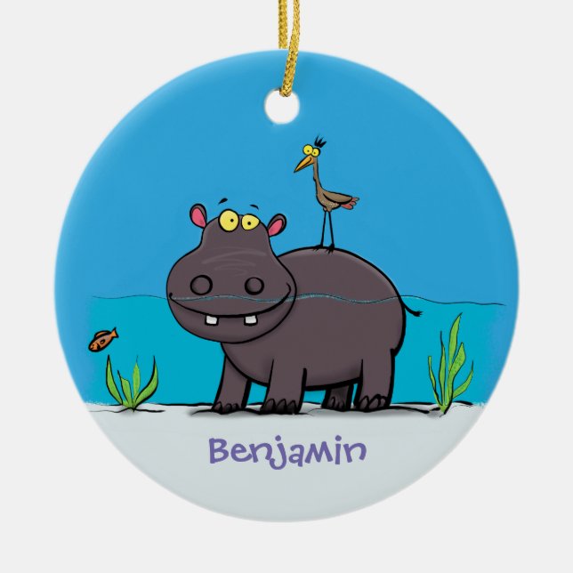 Cute funny hippopotamus with bird cartoon ceramic ornament (Front)