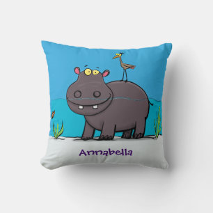Cute funny hippopotamus with bird cartoon cushion