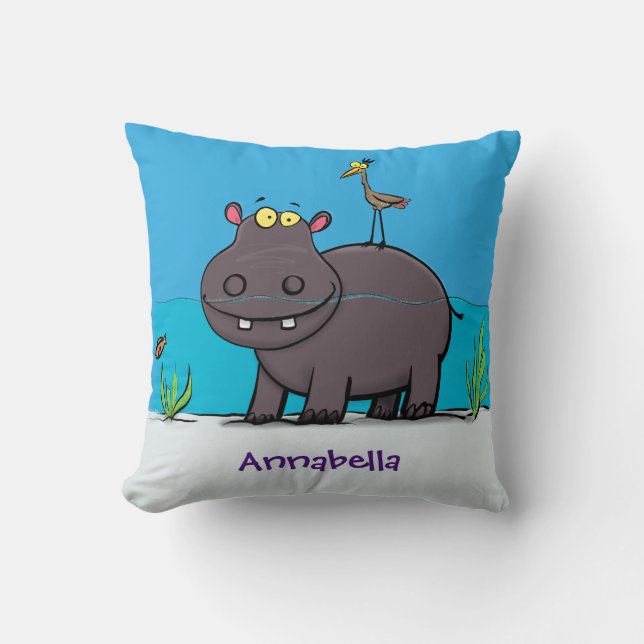 Cute funny hippopotamus with bird cartoon cushion (Front)