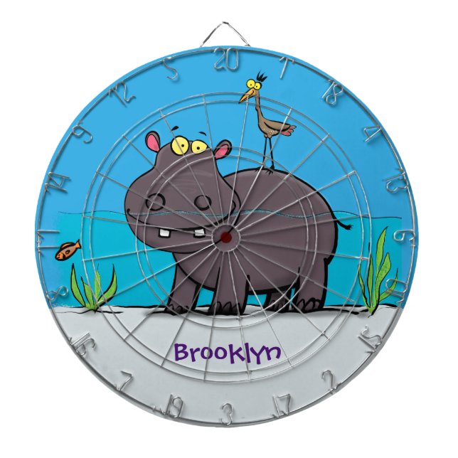 Cute funny hippopotamus with bird cartoon dartboard (Front)