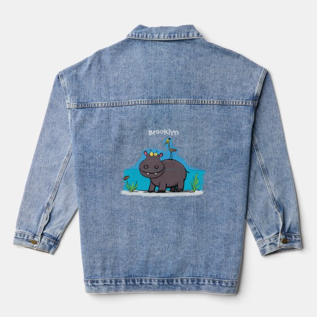 Cute funny hippopotamus with bird cartoon denim jacket (Back)