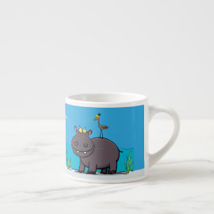 Cute funny hippopotamus with bird cartoon espresso cup