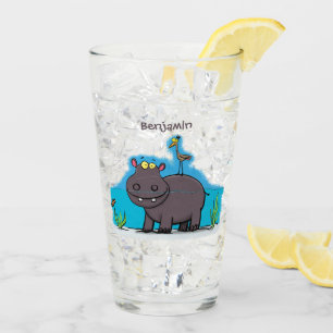 Cute funny hippopotamus with bird cartoon glass