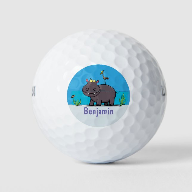 Cute funny hippopotamus with bird cartoon golf balls (Front)