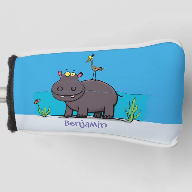 Cute funny hippopotamus with bird cartoon golf head cover (Front)