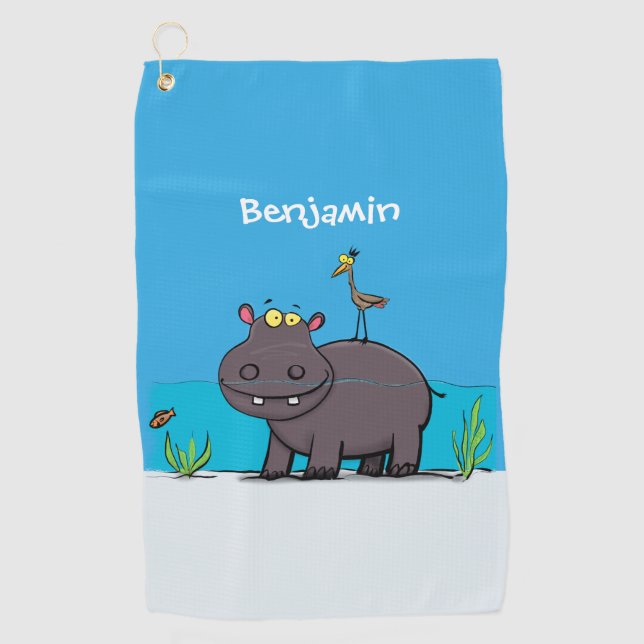 Cute funny hippopotamus with bird cartoon golf towel (Front)