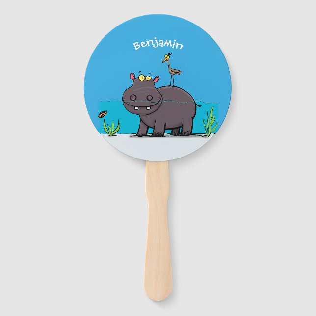 Cute funny hippopotamus with bird cartoon  hand fan (Front)