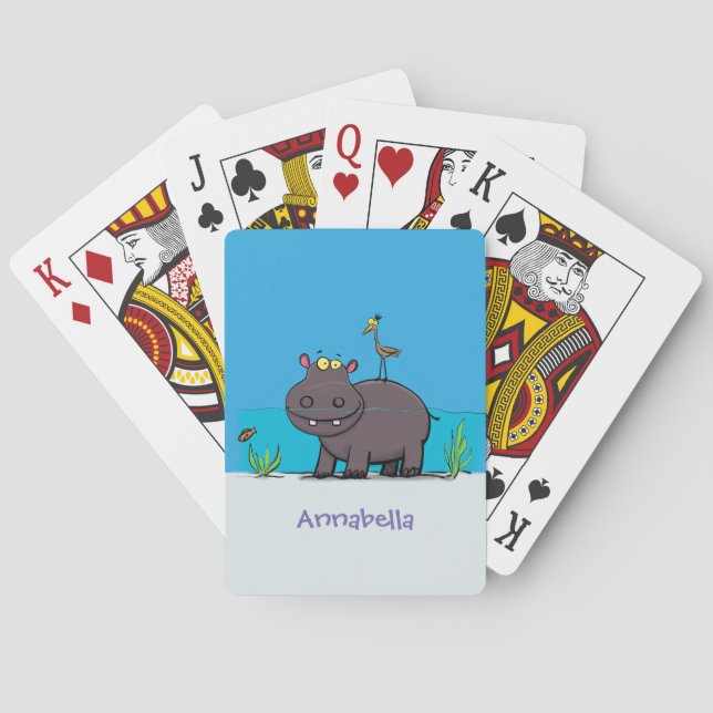 Cute funny hippopotamus with bird cartoon playing cards (Back)