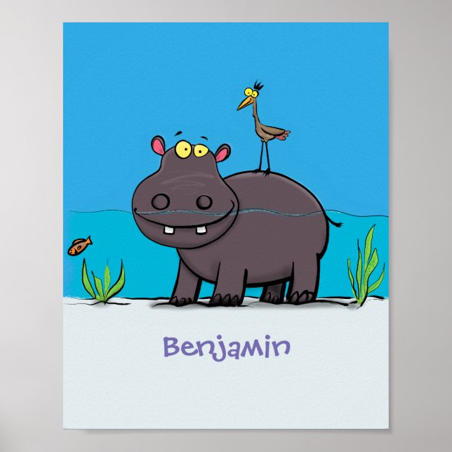 Cute funny hippopotamus with bird cartoon poster (Front)