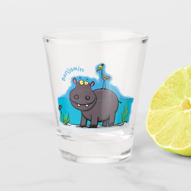 Cute funny hippopotamus with bird cartoon  shot glass (Front)
