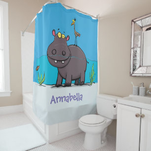 Cute funny hippopotamus with bird cartoon shower curtain
