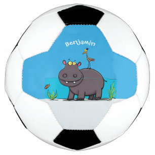 Cute funny hippopotamus with bird cartoon soccer ball