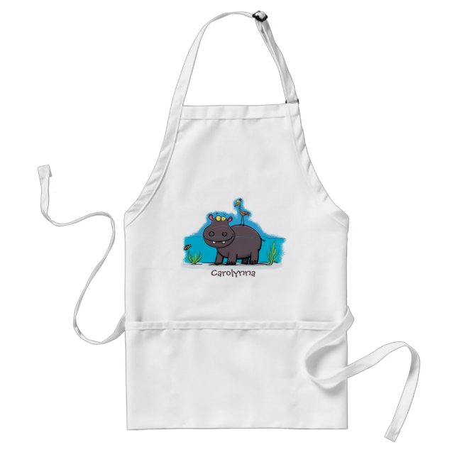 Cute funny hippopotamus with bird cartoon standard apron (Front)