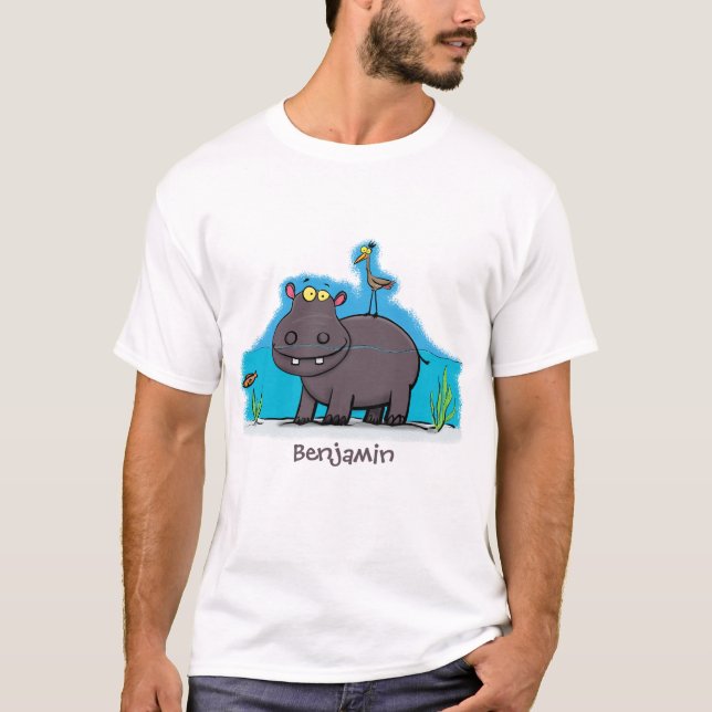 Cute funny hippopotamus with bird cartoon T-Shirt (Front)