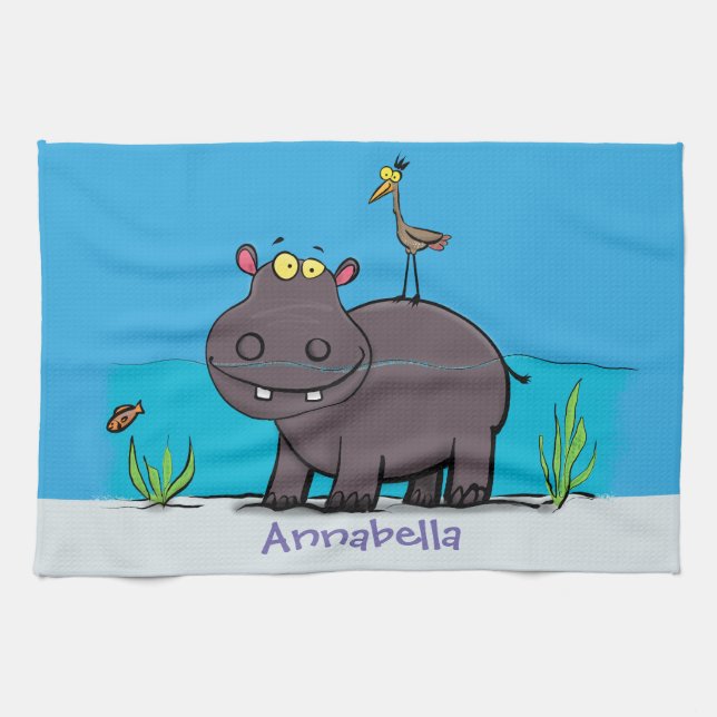 Cute funny hippopotamus with bird cartoon tea towel (Horizontal)