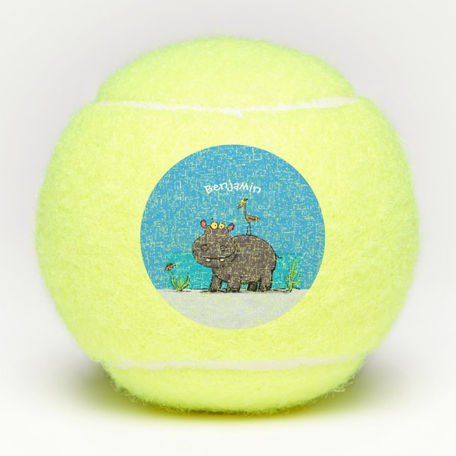 Cute funny hippopotamus with bird cartoon tennis balls (Front)
