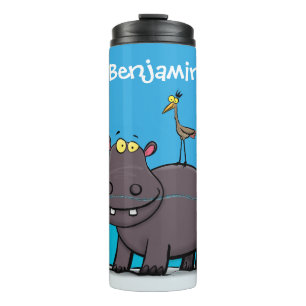 Cute funny hippopotamus with bird cartoon thermal tumbler