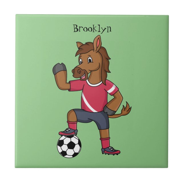 Cute funny horse playing soccer cartoon  ceramic tile (Front)