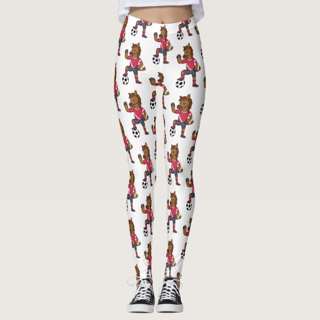 Cute funny horse playing soccer cartoon leggings (Front)