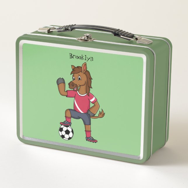Cute funny horse playing soccer cartoon metal lunch box (Front)