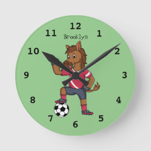 Cute funny horse playing soccer cartoon round clock