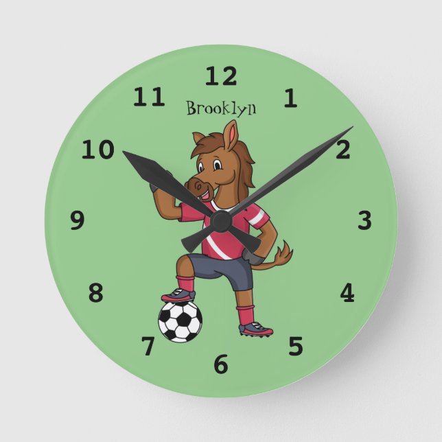 Cute funny horse playing soccer cartoon round clock (Front)
