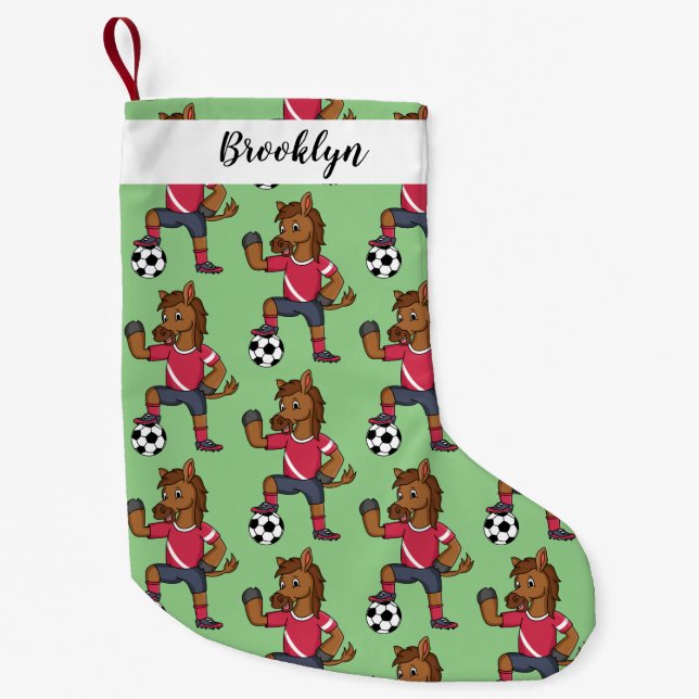 Cute funny horse playing soccer cartoon small christmas stocking (Front)