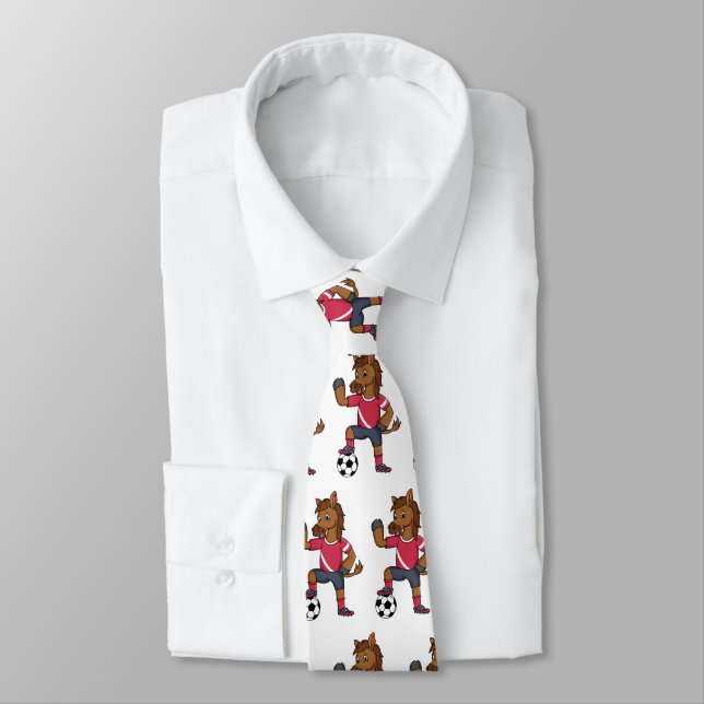 Cute funny horse playing soccer cartoon tie (Tied)