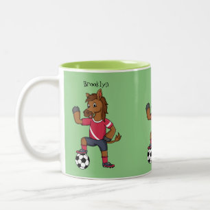 Cute funny horse playing soccer cartoon Two-Tone coffee mug