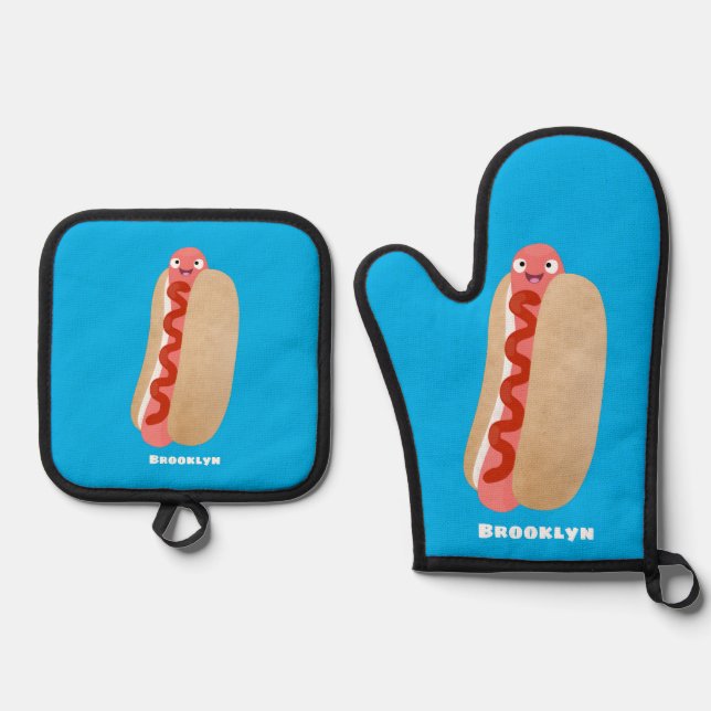 Cute funny hot dog Weiner cartoon Oven Mitt & Pot Holder Set (Front)