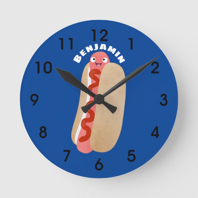 Cute funny hot dog Weiner cartoon  Round Clock (Front)