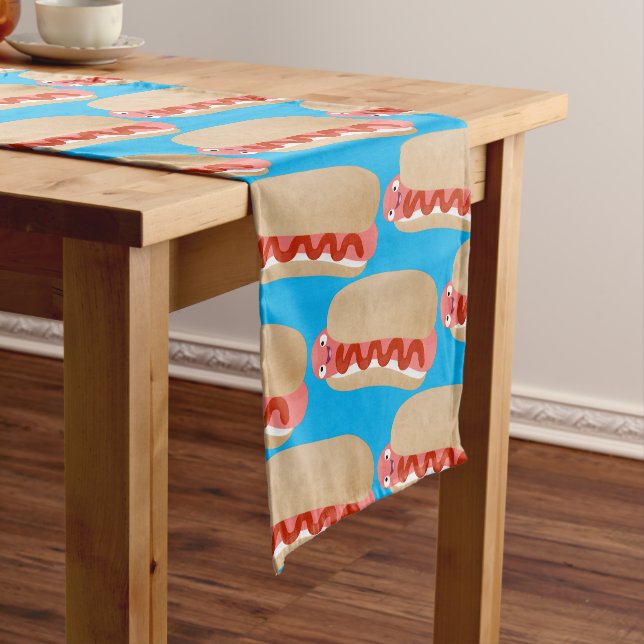 Cute funny hot dog Weiner cartoon Short Table Runner (In Situ)