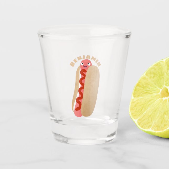 Cute funny hot dog Weiner cartoon  Shot Glass (Front)