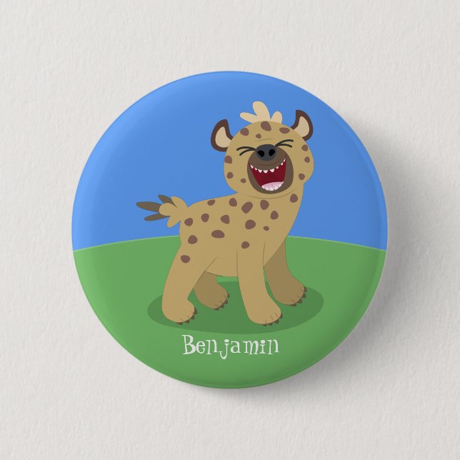 Cute funny hyena laughing cartoon illustration 6 cm round badge (Front)