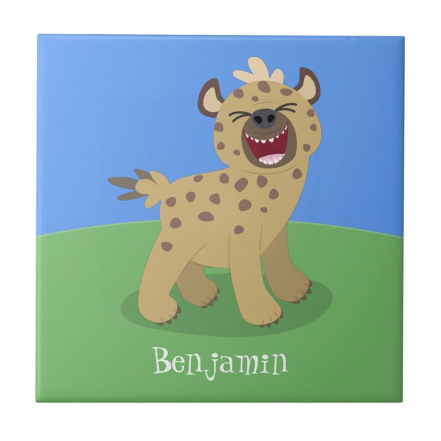 Cute funny hyena laughing cartoon illustration ceramic tile (Front)