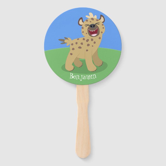 Cute funny hyena laughing cartoon illustration hand fan (Front)