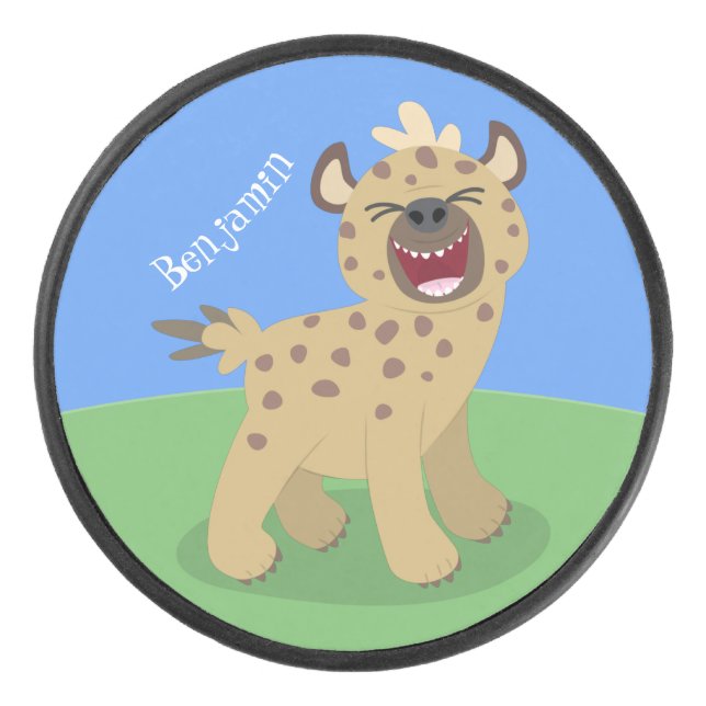 Cute funny hyena laughing cartoon illustration hockey puck (Front)
