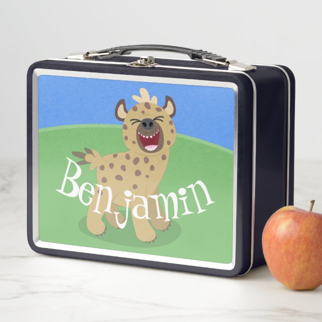 Cute funny hyena laughing cartoon illustration metal lunch box (In Situ)
